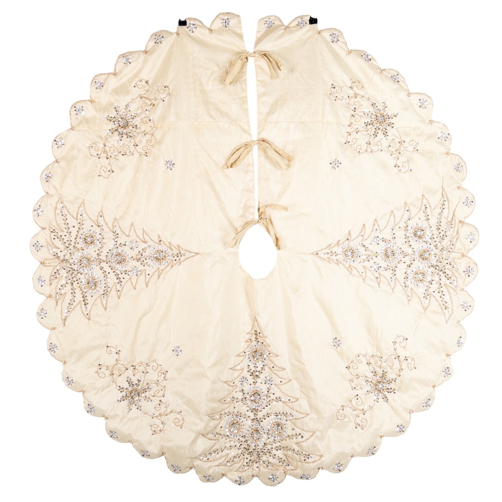 Pier 1 Imports Christmas Tree Skirt Cream Beaded Sequin Embroidered Gold Luxe